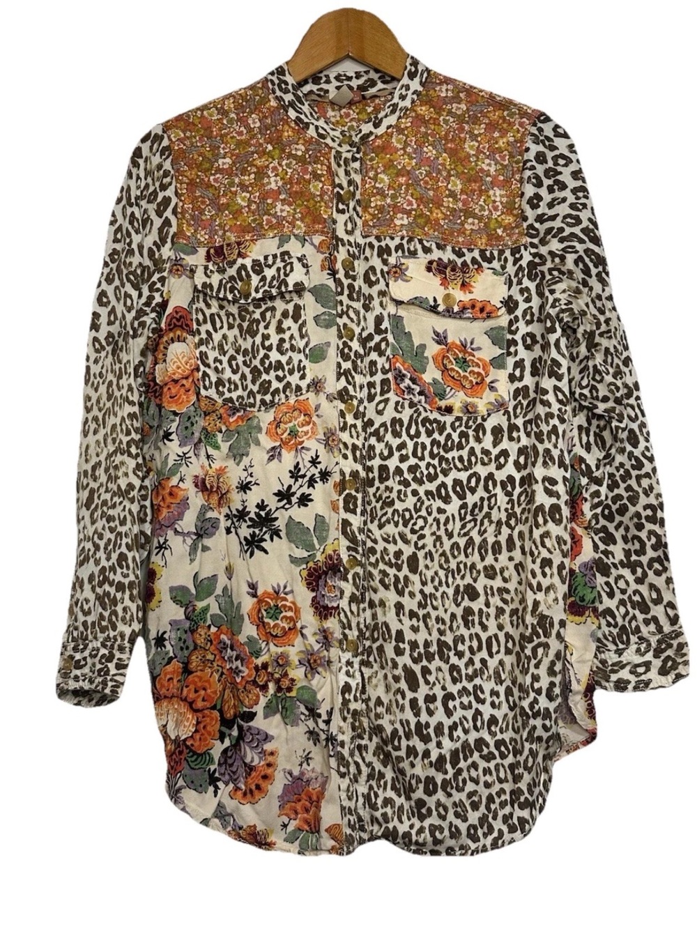 Anthropologie Pilcro Sz L Patchwork Button Up Blouse Floral Leopard Oversized - Picture 2 of 15